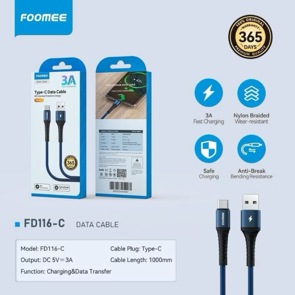 Foomee FD116-C Cable Type-C Fast Charging 3A Braided Nylon FD116C