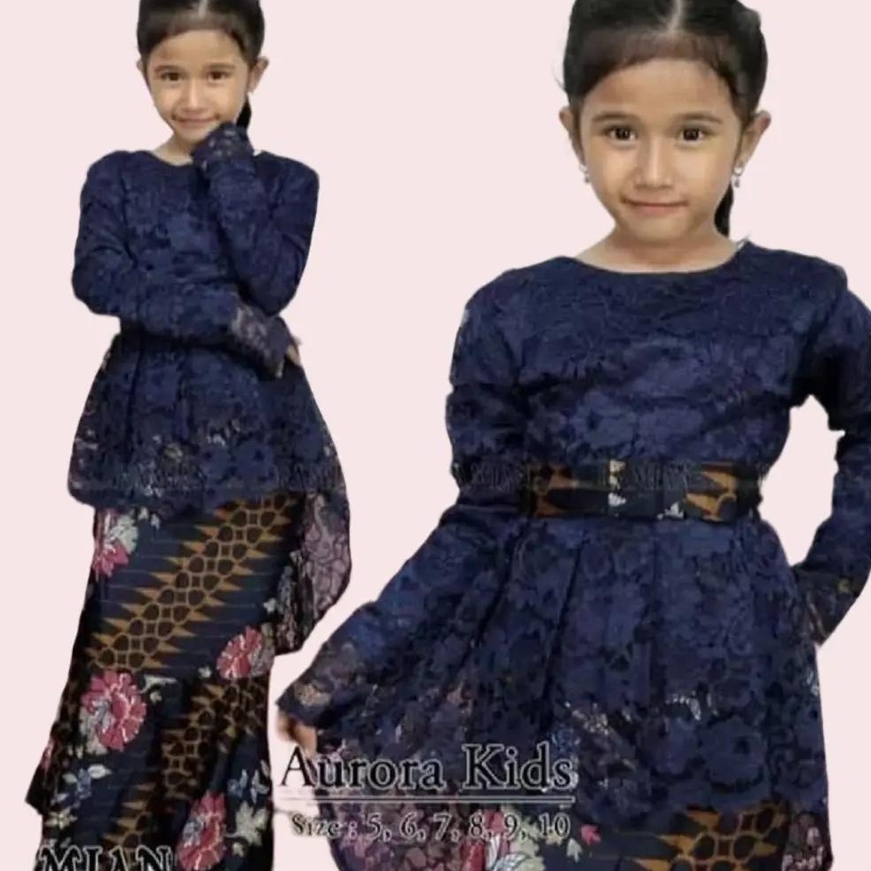 Setelan Kebaya Anak Perempuan Modern Model Aurora Bahan Brukat Warna Biru
