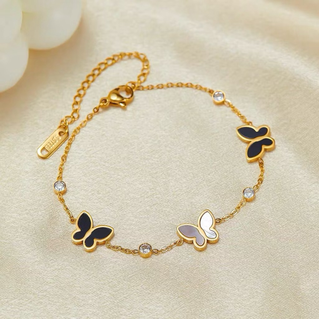 Gelang rantai titanium wanita kupu-kupu hitam putih