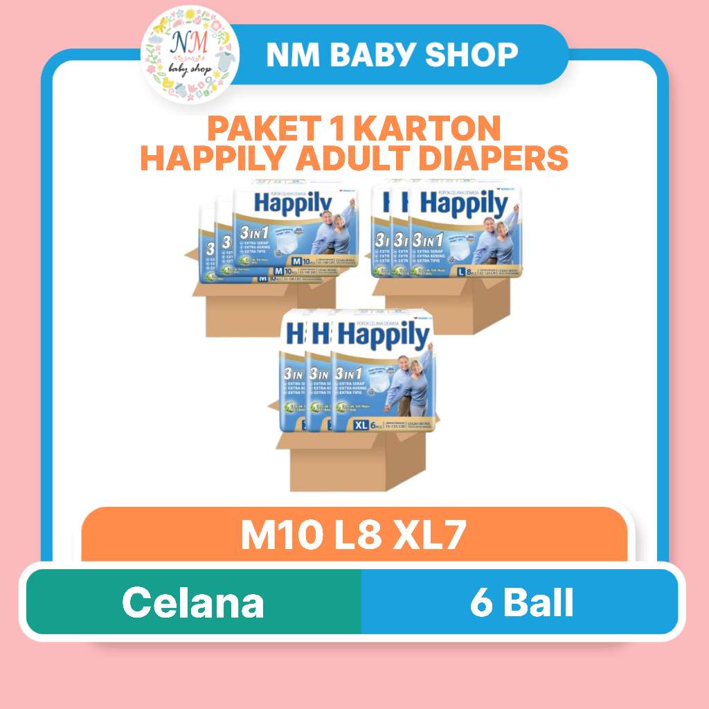 HAPPILY PAKET 1 KARTON 6 BALL POPOK CELANA DEWASA 3IN1 M10 L8 XL6 NM PPKS