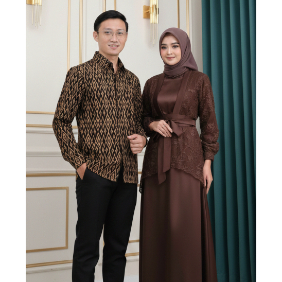 (NEW) Veloxa Couple Gamis Kondangan Set Gamis Mahogany Mutiara Brokat Gamis Couple Pasangan Terbaru 