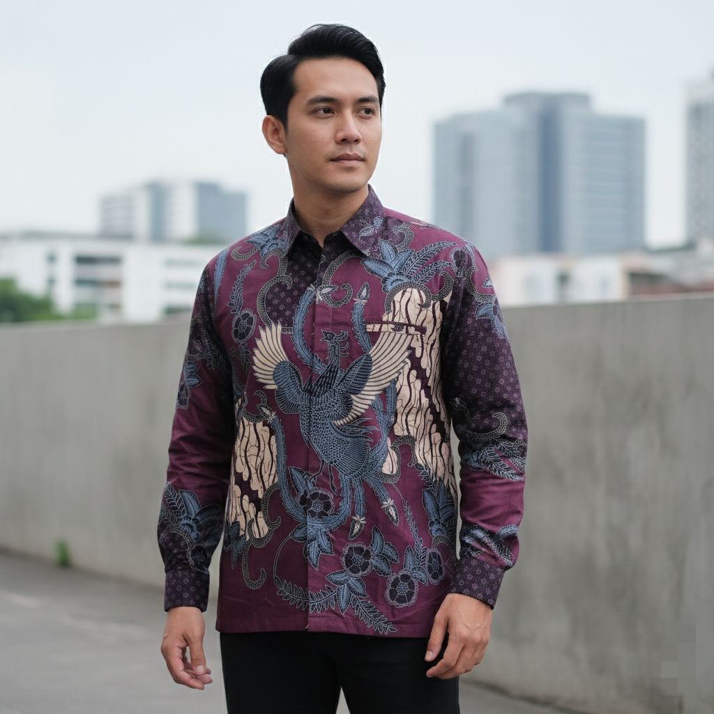 Batik Pria Lengan Panjang Burgandi - Lapis Furing - Bahan Katun Solo Reguler - Seragam Batik Cowok P