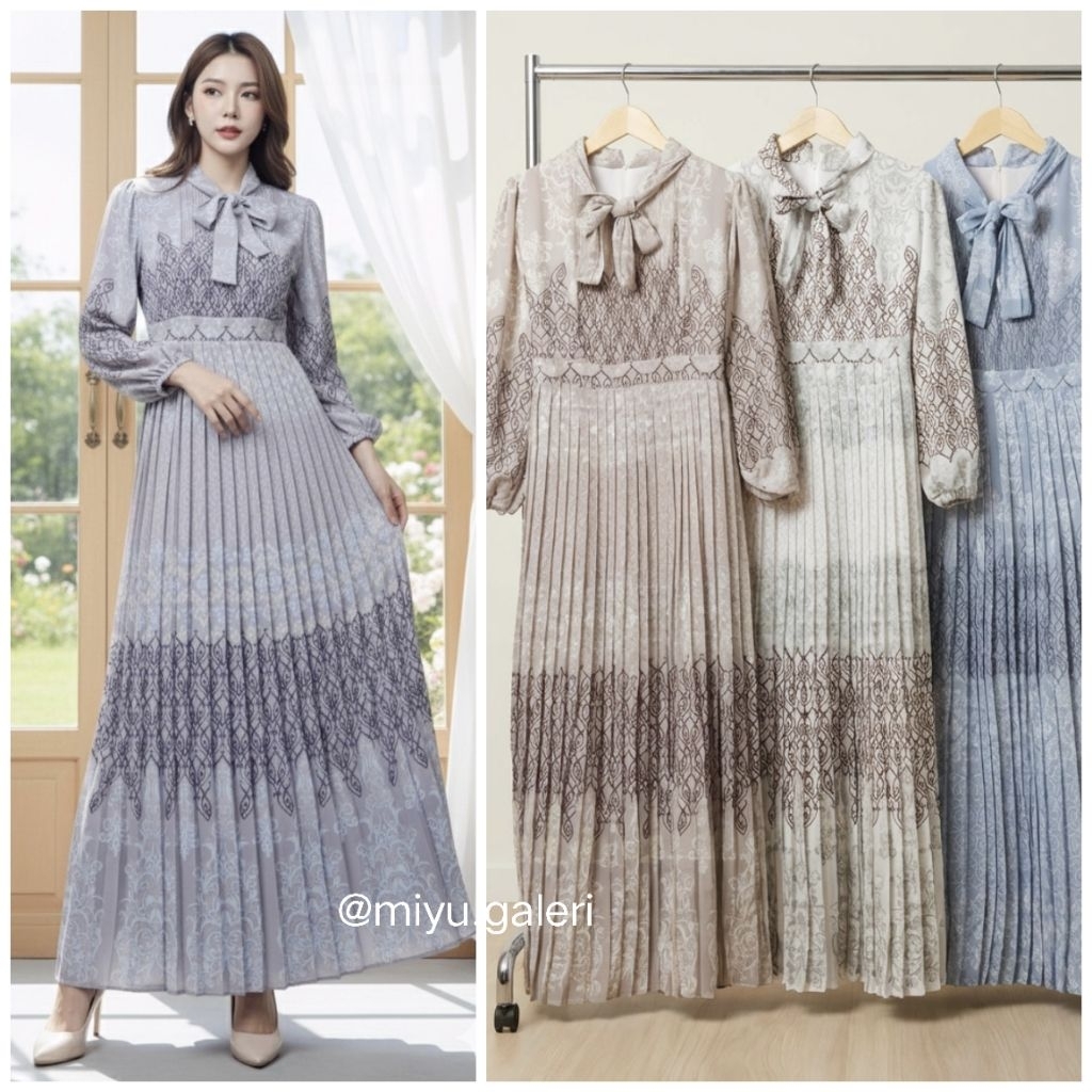 Korean Dress Gamis Plisket Pita Leher motif etnik batik ceruty premium