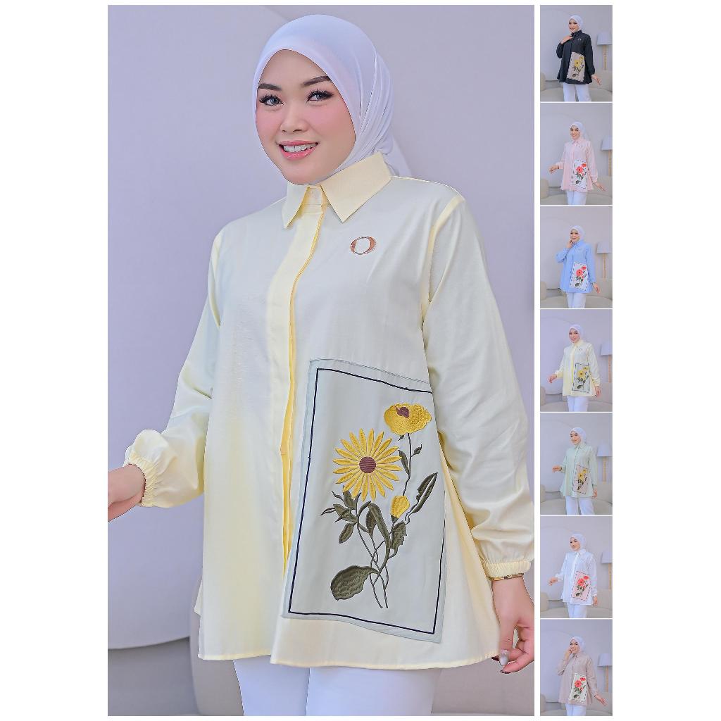 OVI Shirt - Kemeja Tunik Wanita Motif Bordir Bunga Matahari - Atasan Muslimah Premium
