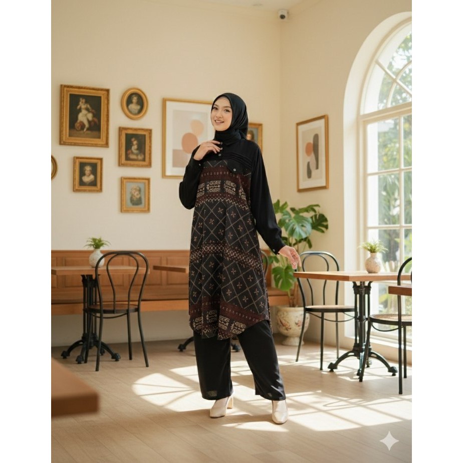 SETELAN TUNIK PANJANG MUSLIM MOTIF KOMBINASI POLOS CELANA KULOT PREMIUM CASUAL ELEGAN