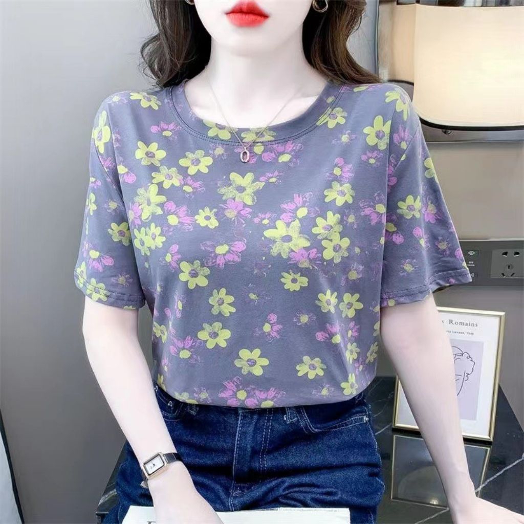 baju kaos imprt motif bordir bunga