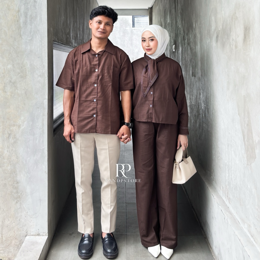 HANA Linen Setelan Kemeja Wanita dan Kemeja Pria Linen Polos - One Set Kemeja Wanita Kasual