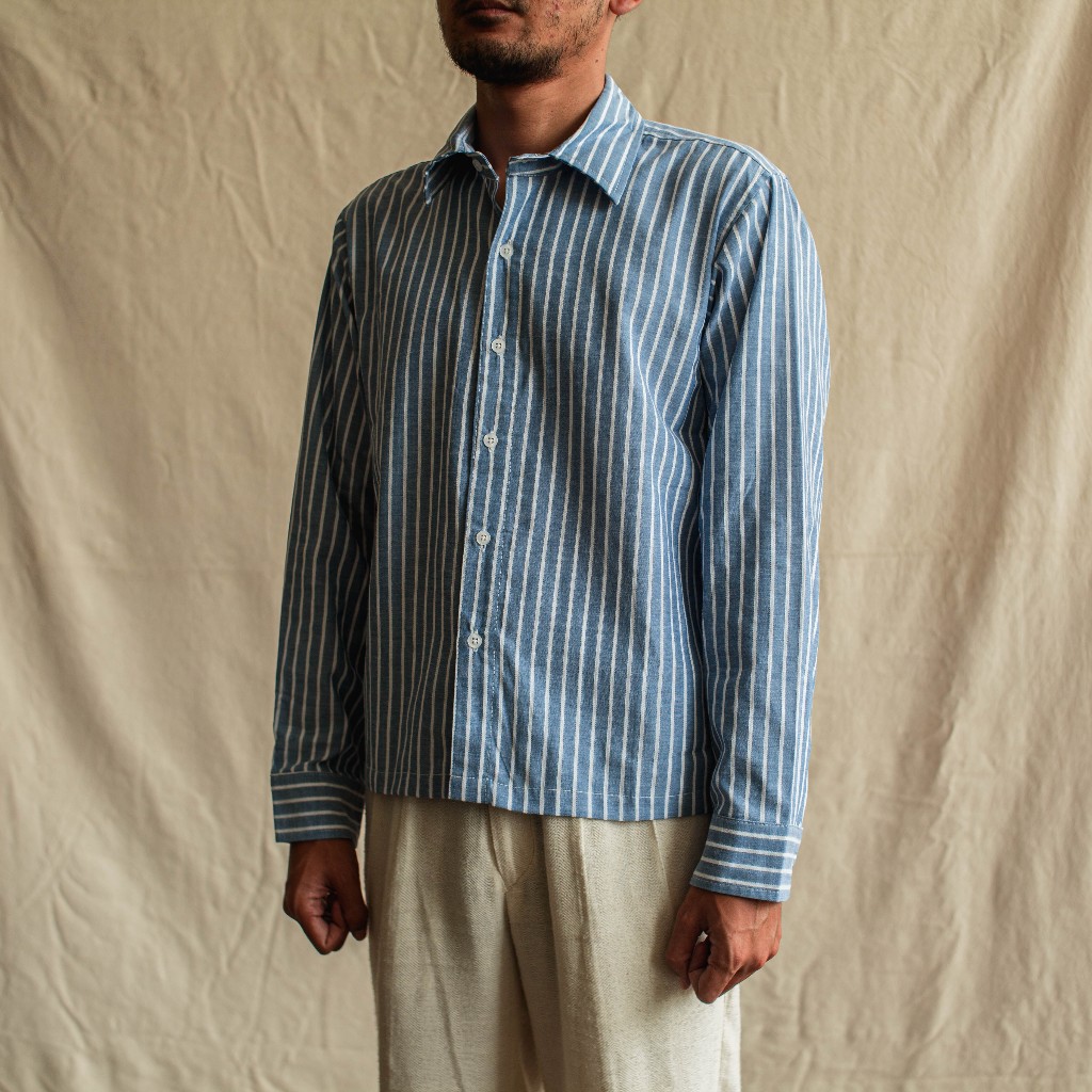 QUTN Kemeja Pria Lengan Panjang Boxy Button Up LS - Blue Stripes