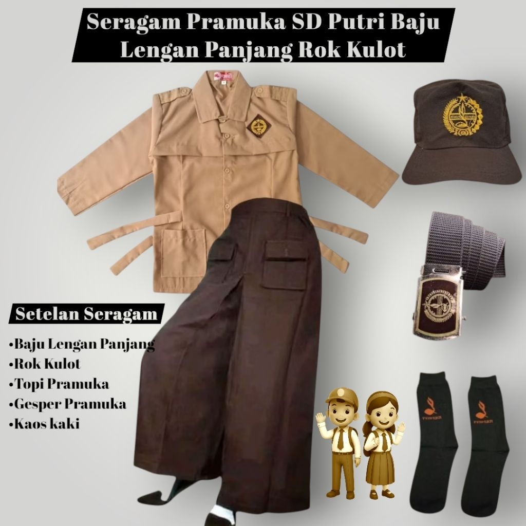 Seragam Pramuka SD pembina Putri Baju Lengan Panjang list Rok kulot