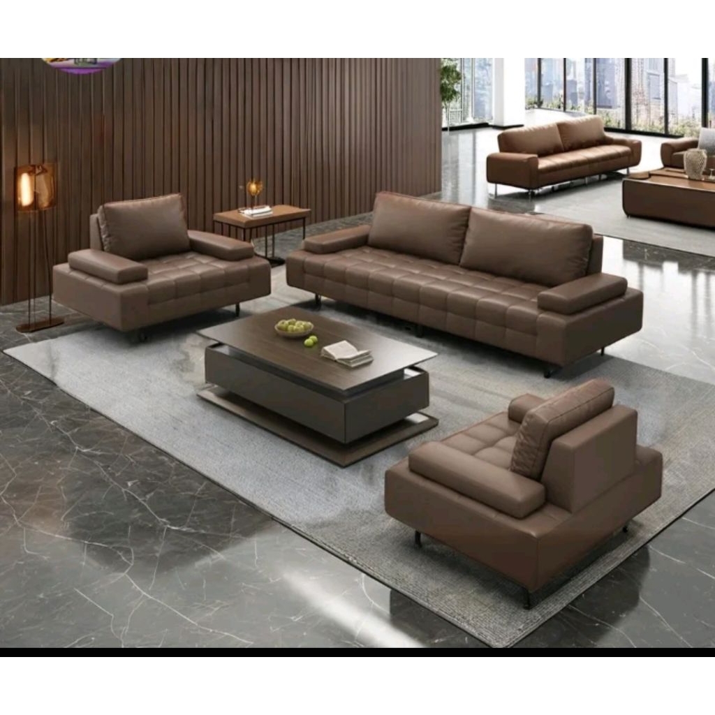 sofa ruang tamu kulit sintetis warna coklat  311 desain kotak modern