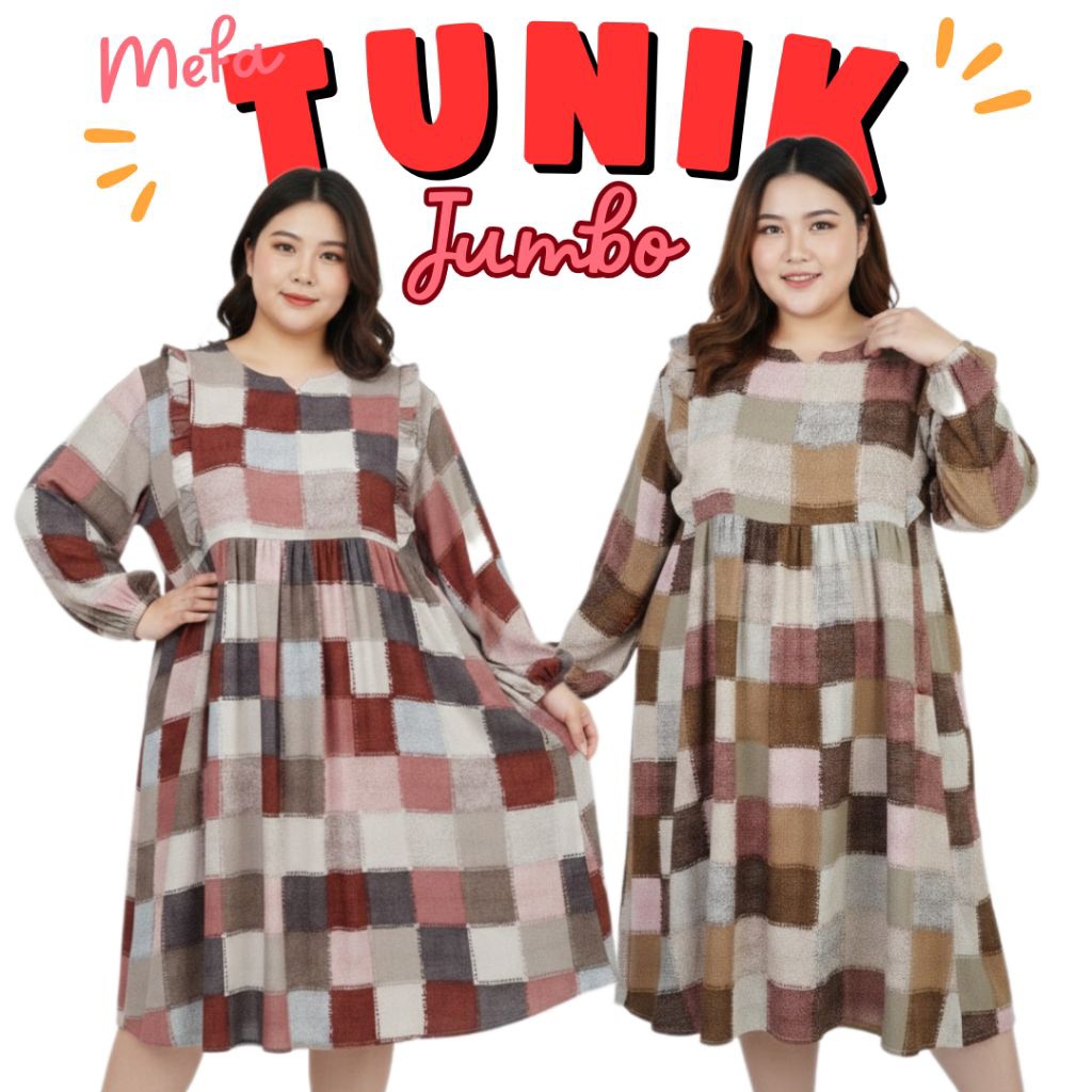 MEFA || ATASAN TUNIK RAYON BANGKOK PREMIUM JUMBO LD 130 PB 100 MOTIF KOTAK MODEL V-NECK TERBARU