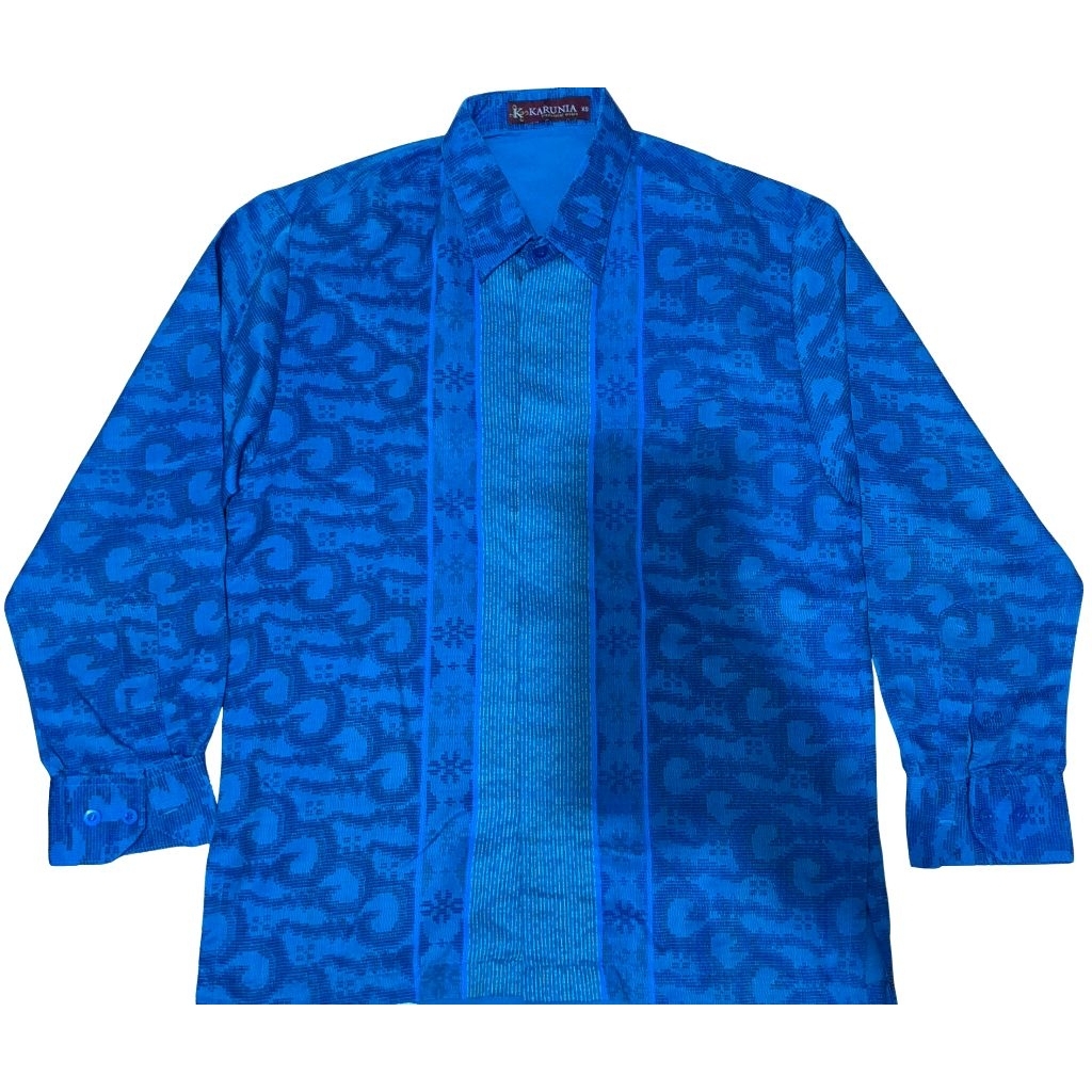Batik Karunia Original Pria Size XS Slim Fit Biru Elegan - Kemeja Batik Kondangan Formal Preloved Te