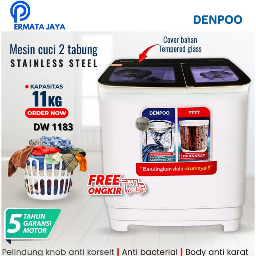 Mesin Cuci 2 Tabung Denpoo DW 1183 Kapasitas 11 kg