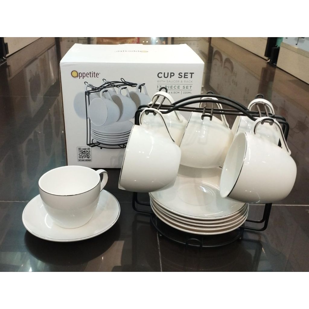 Appetite ludy cangkir dan saucer porcelain dengan rak 220ml set 13pcs  putih/cangkir set informa