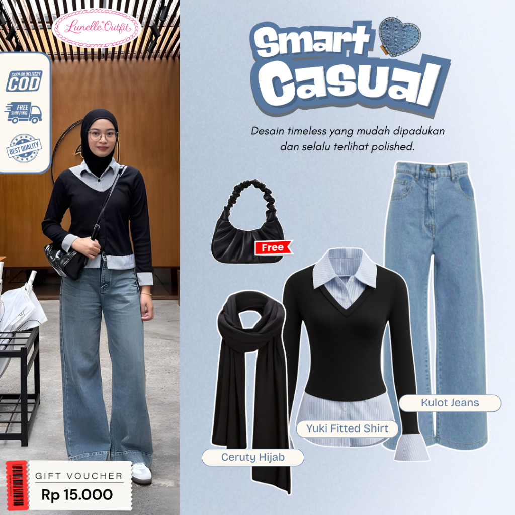 One Set 3in1 Remaja Kekinian (Slimfit+Kulot Jeans+Ceruty Hijab+FREE Tas) OOTD Casual Hangout LO011