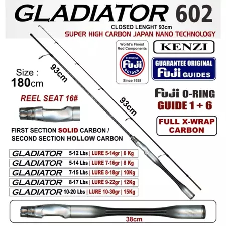 Rod Joran Kenzi Gladiator 602 - Karbon Solid X-Wrap, Ringan, Kuat Joran Galatama Lele Patin Ikan Mas