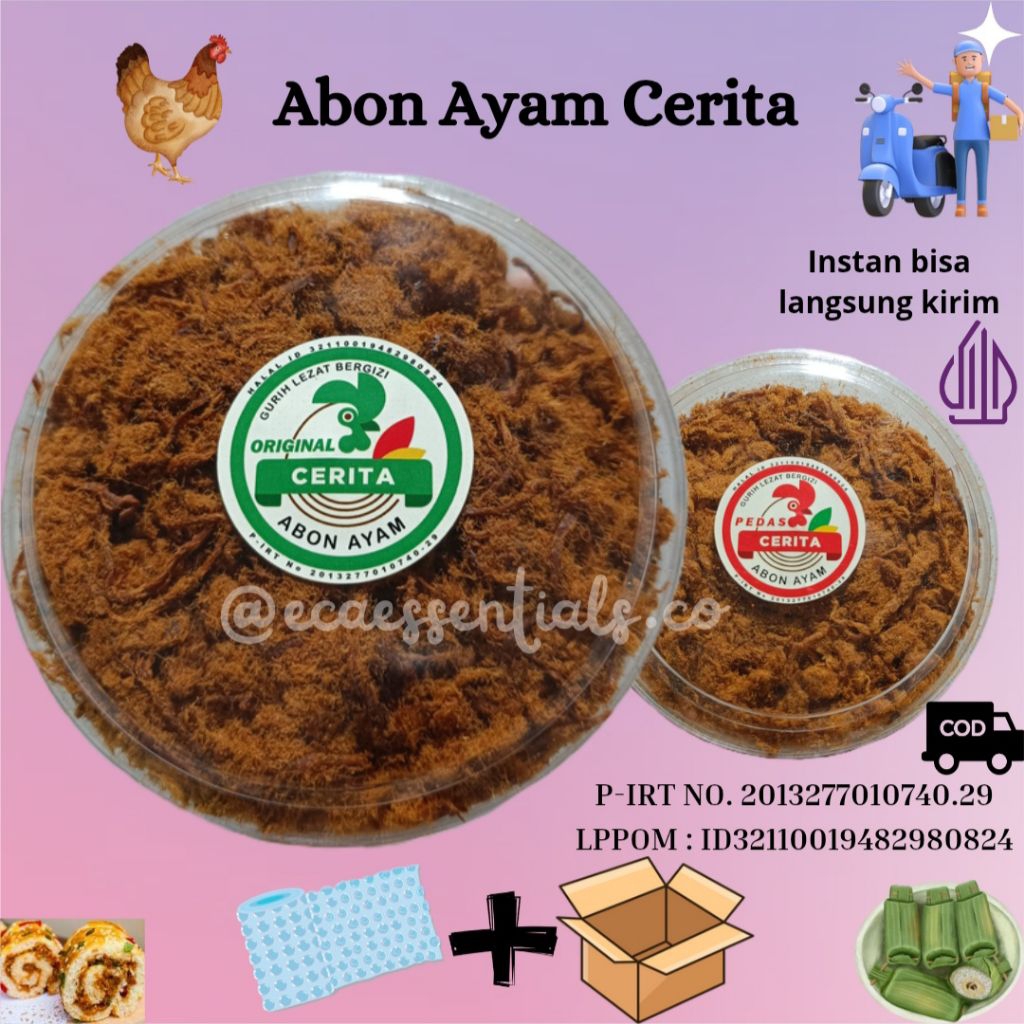 INSTANT LANGSUNG KIRIM ABON AYAM ASLI CERITA ORIGINAL & PEDAS PENDAMPING MAKAN SAHUR KEMASAN toples 