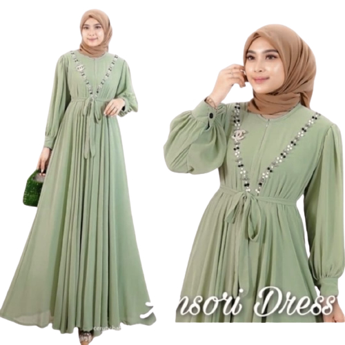 Ansori Dress Kondangan Sage Gamis Wanita Kekinian Busui Friendly Gaun Pesta Muslimah Ceruty Babydoll