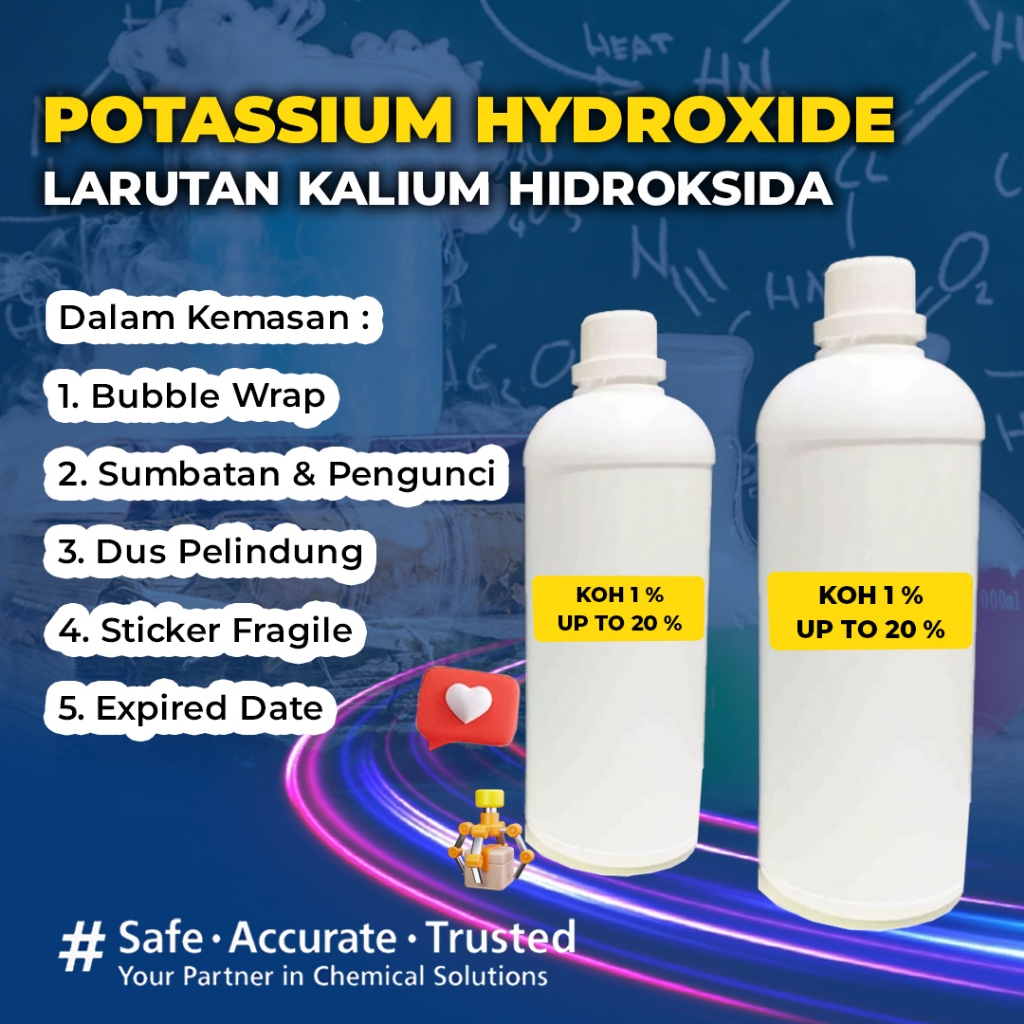 KOH 1 %, KOH 5 %, KOH 10 %, KOH 20 %, KOH 1 M – Larutan Kalium Hidroksida 1000 mL | Siap Pakai & Efe