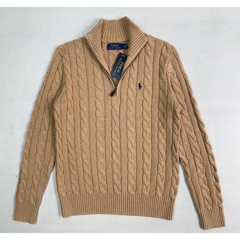 New Cable Knit Quarter Zip Sweater Brown Polo Ralph Lauren Pria Wanita Original