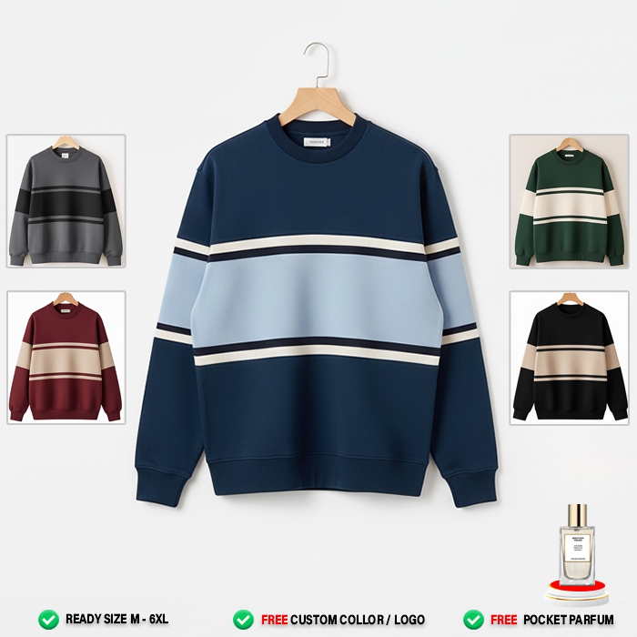 Sweater Pria Wanita ( NAVI BABY BLUE PUTIH ) Stripe Crewneck | Sweater Polos Casual Lengan Panjang P