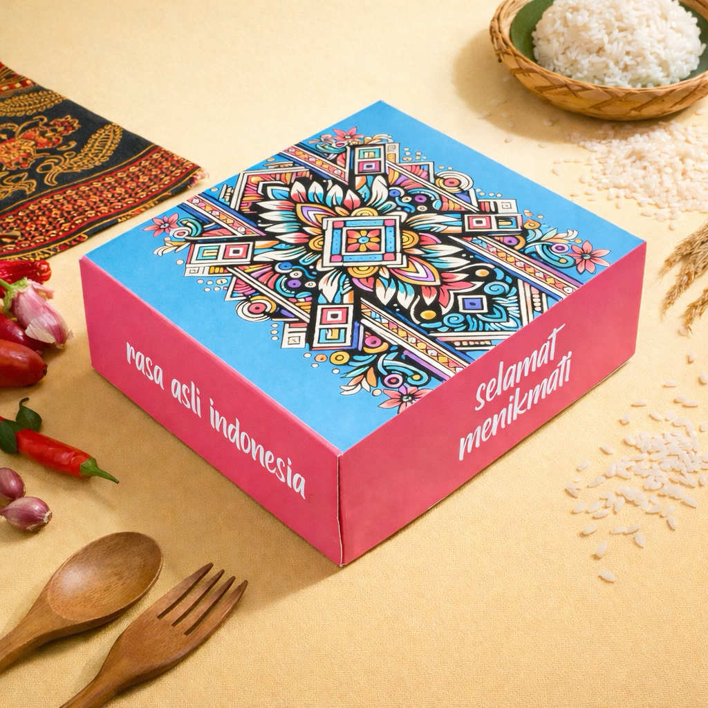 DUS NASI KOTAK MOTIF ETHNIC UKURAN 20x20 | DUS NASI HAJATAN CATERING AQIQOH