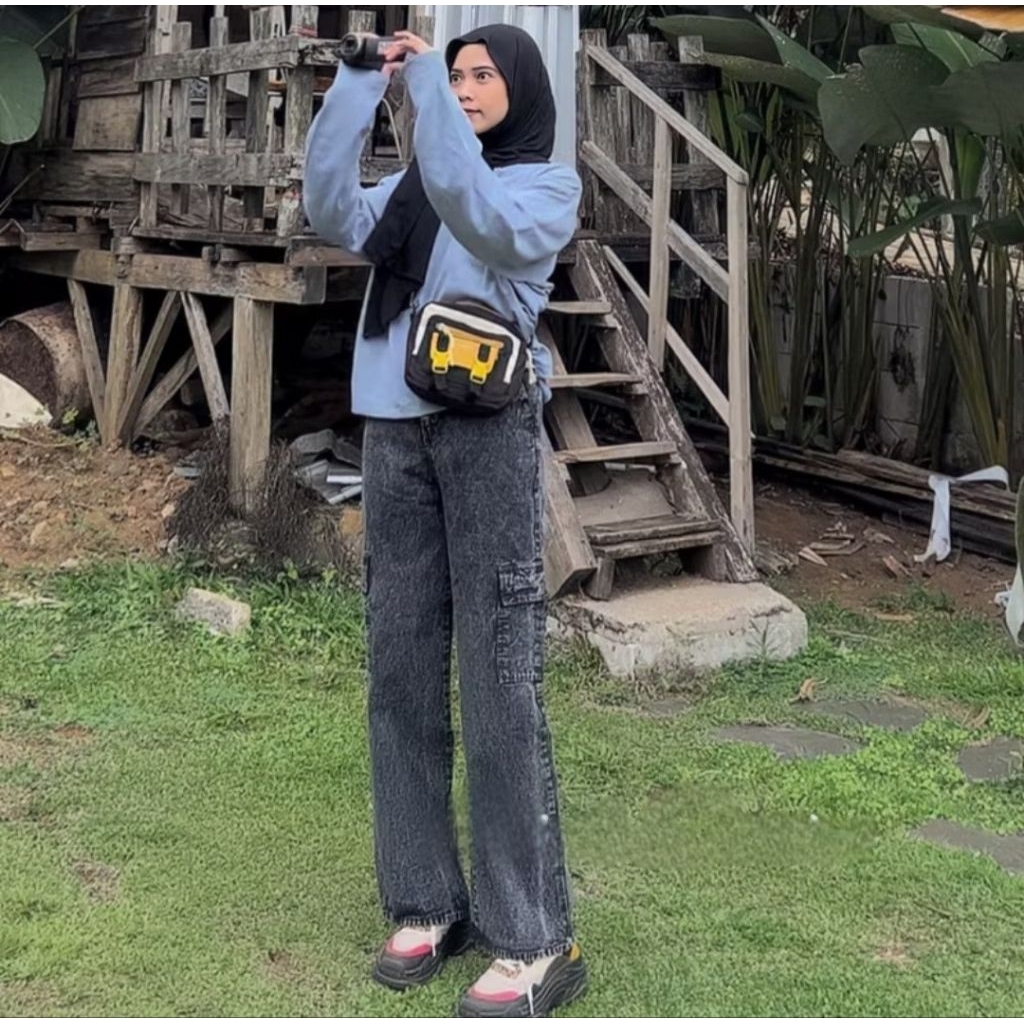 Celana Cargo Jeans Highwaist Panjang Wanita Kargo Celana Kulot Kargo Jins (Cargo SnowBlack L)