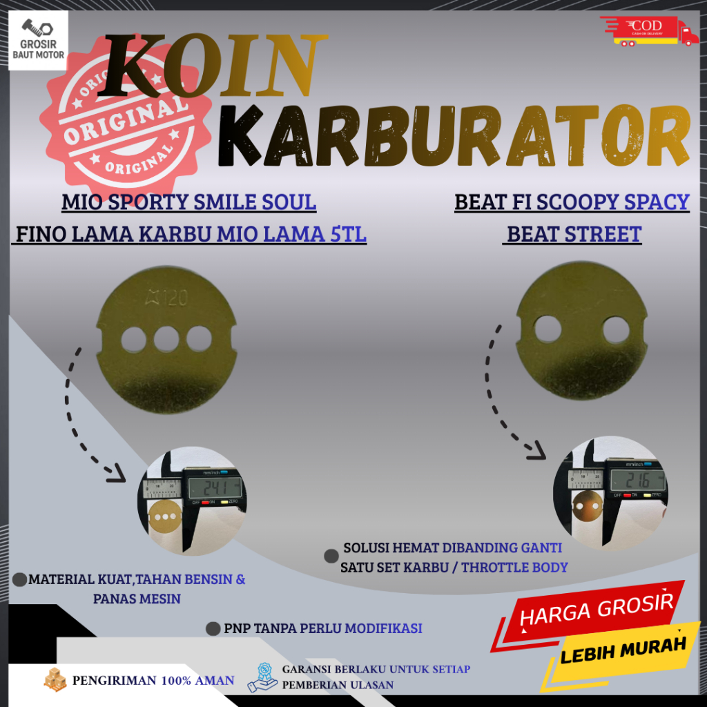 Koin Karburator Motor / Coin Karbu Mio Beat Scoopy Spacy Vario 5TL Throttle Body 22mm Kuningan Repai