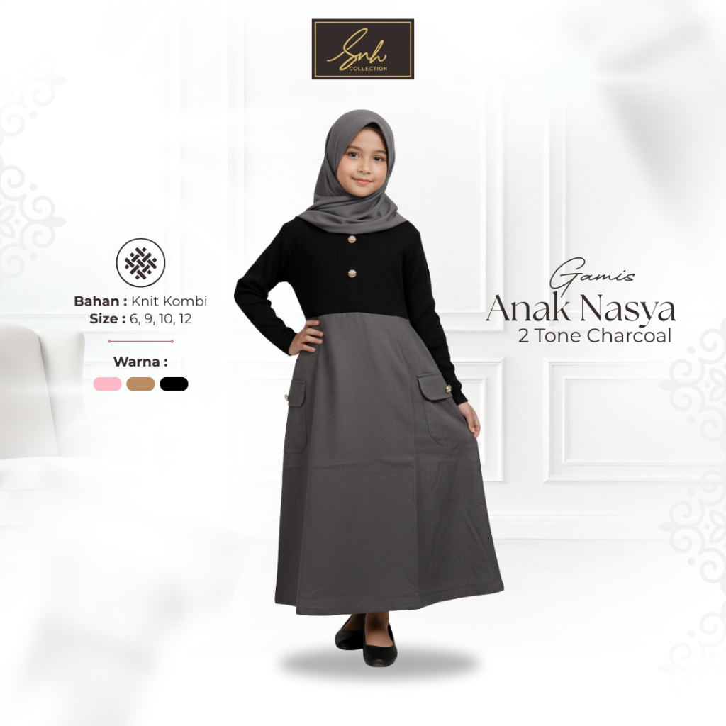 Gamis Anak Perempuan Nasya 2 Tone Warna Charcoal Baju Muslim Syari Kualitas Premium