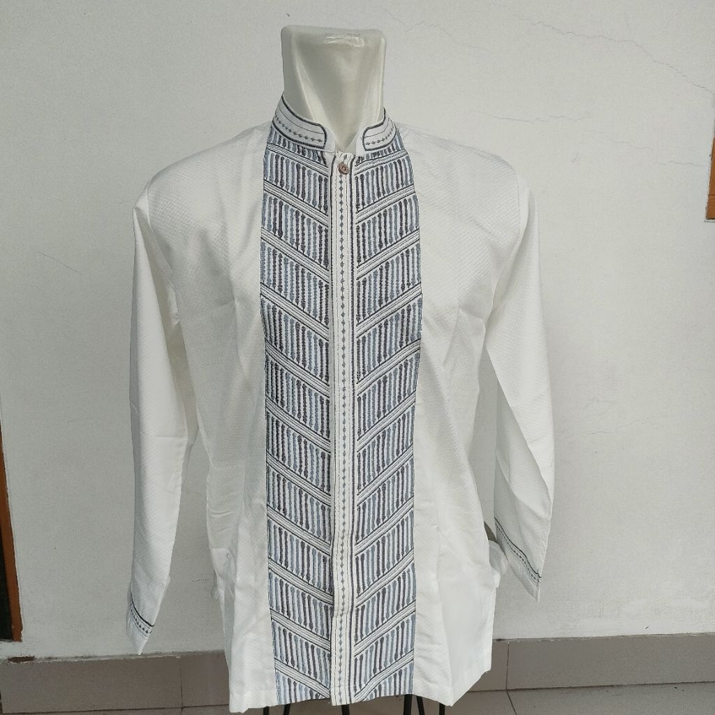 Baju koko muslim bordir lengan panjang putih tulang bahan sutra kenzi jaguar