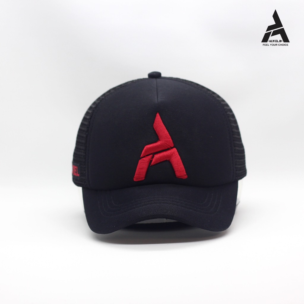Elghazi X Alviel - Trucker Hat Full Black (Red logo A) Pria Wanita Dewasa