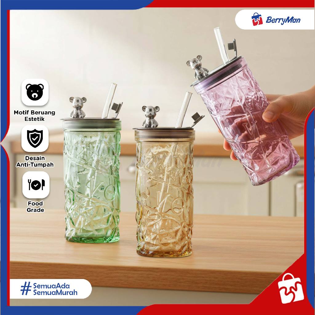 GELAS KACA BERUANG 420 ML Botol Air Minum Tumbler Motif Kristal Anti Tumpah Estetik Food Grade