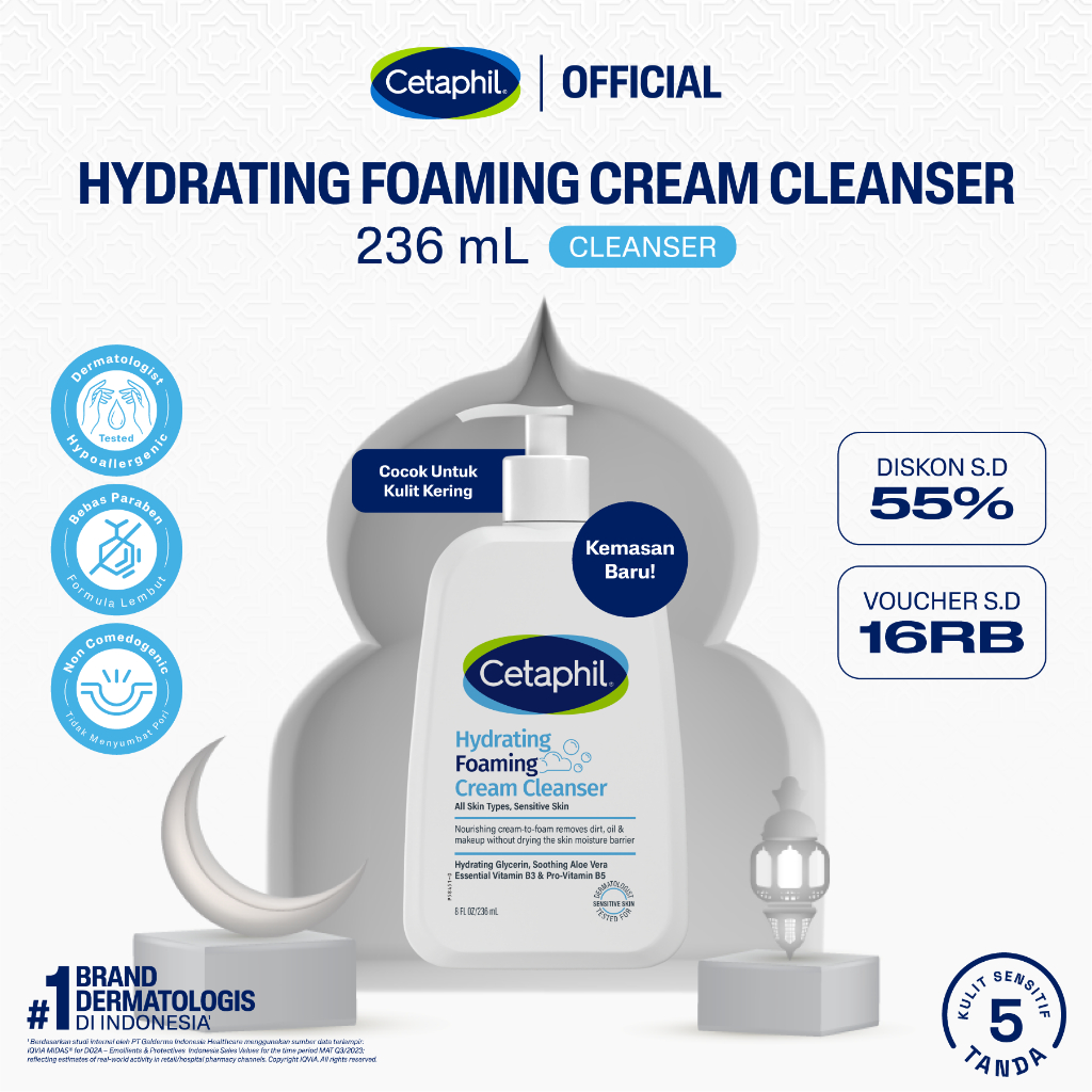Cetaphil Hydrating Foaming Cream Cleanser 236ml dengan Soothing Aloevera, Vitamin B3 dan Pro Vit B5 