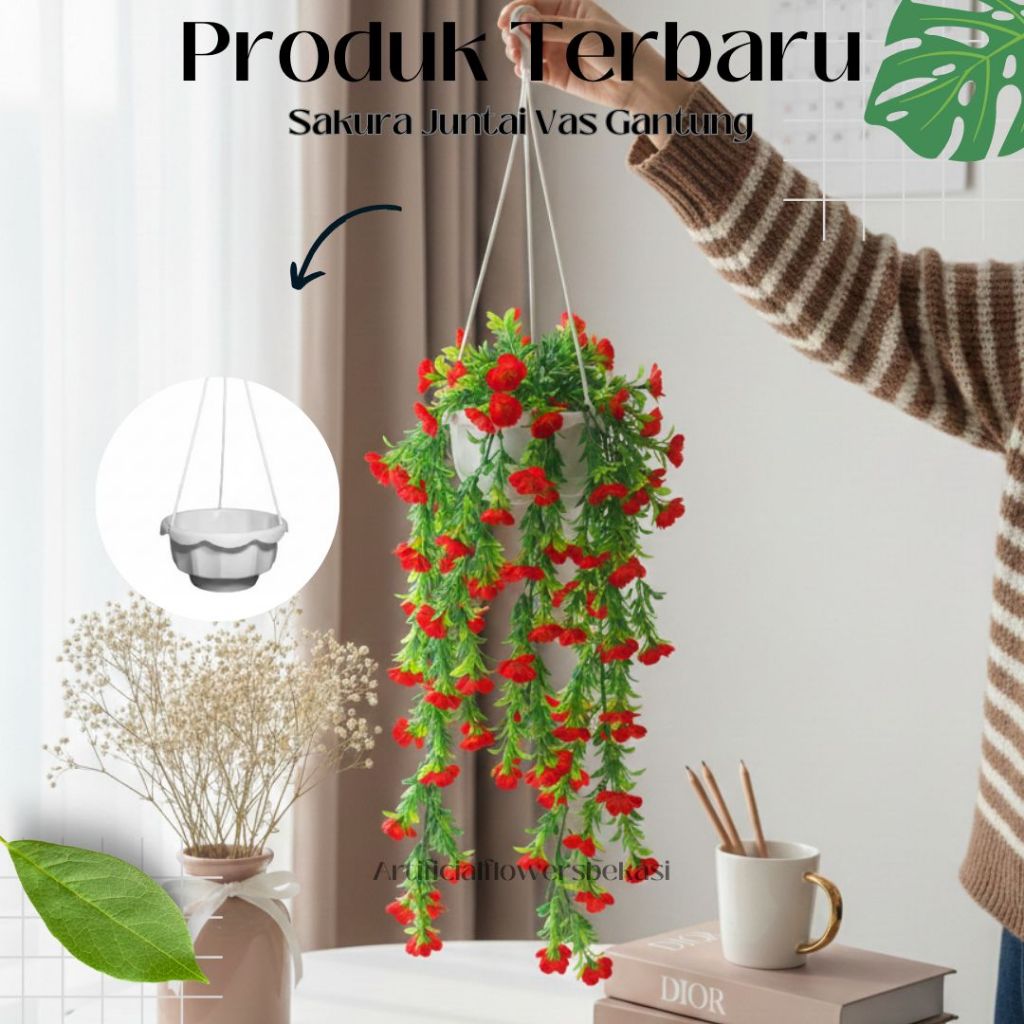 BUNGA SAKURA JUNTAI + POT GANTUNG TALI/bunga juntai/rambat sakura/bunga plastik