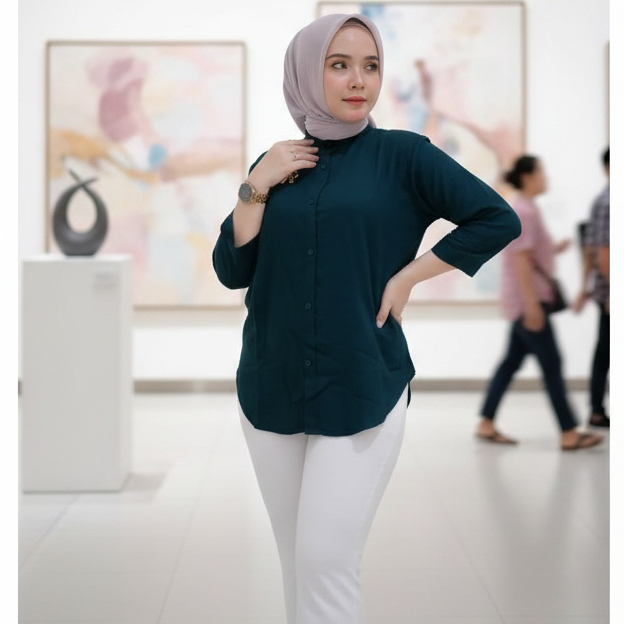 Kemeja Rayon Twill lengan 3/4 Blouse wanita lengan 3/4 Warna hijau BOTOL