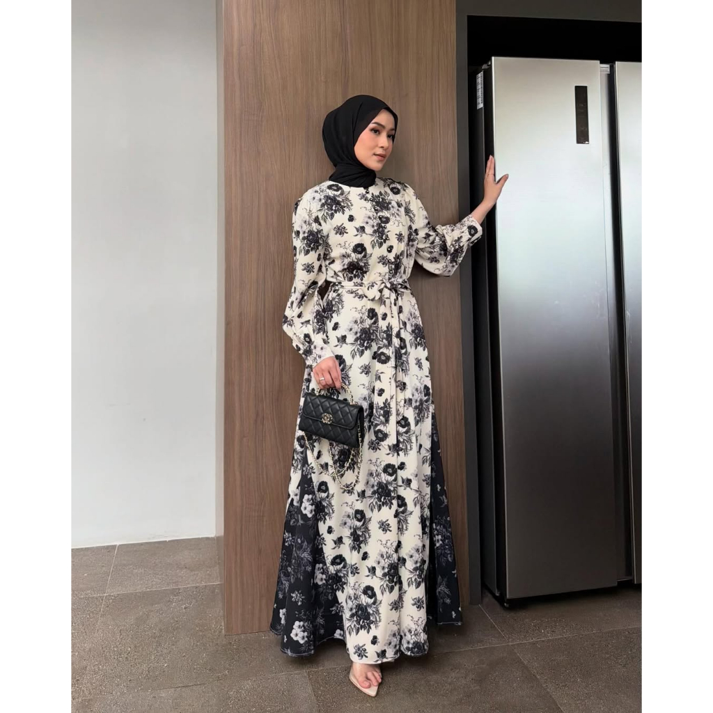 GONEGANI OFFICIAL - Dress Cantik Lengan Panjang Motif Bunga Diana Dress