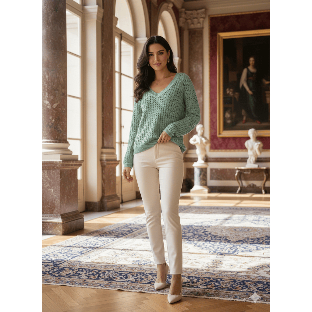 blus rajut tangan panjang hijau sage wanita