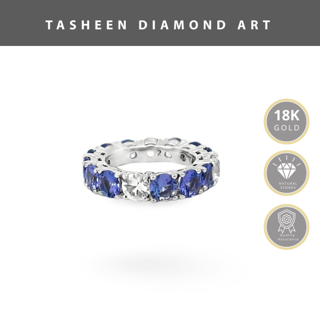 TDA Tanzanite and White Sapphire Eternity Band Cincin Emas Batu Safir Asli Wanita