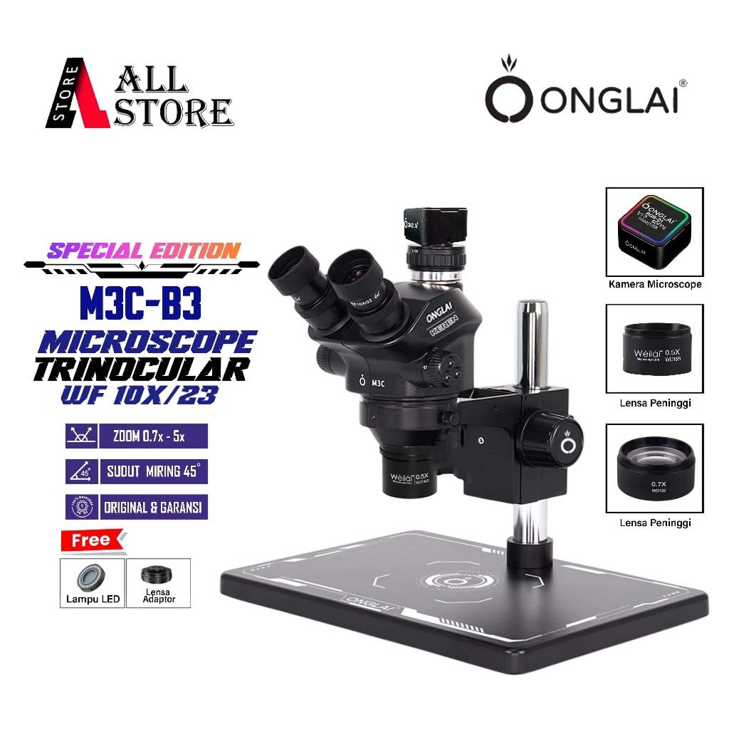Onglai Fixtool M3C-B3 Microscope Trinoculer [ FREE LAMPU LED + CTV ADAPTOR ] + LENSA PENINGGI 0,5X /