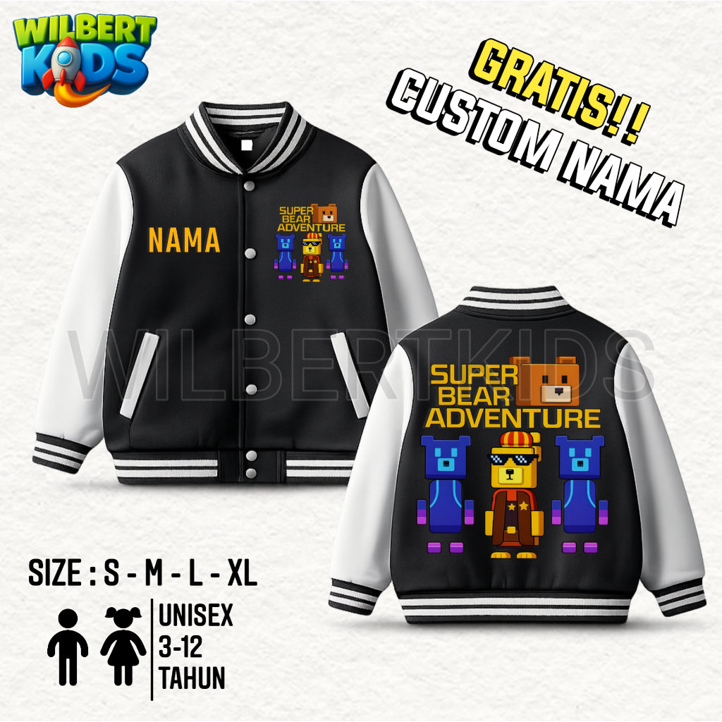 Jaket Anak Varsity Karakter Super Bear Adventure / Jaket Varsity Anak Gratis Tambah Nama