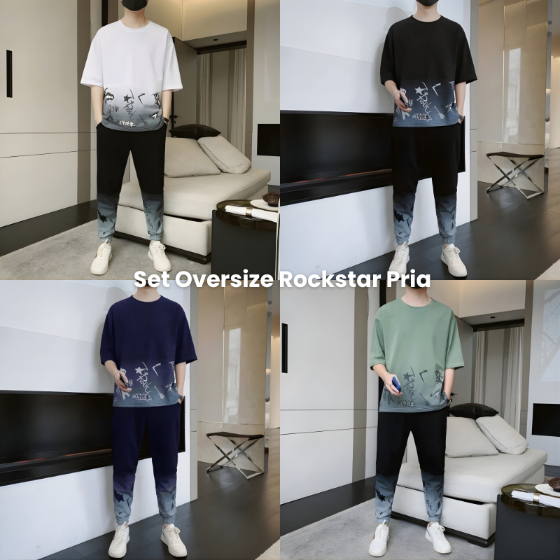 Set Oversize Rockstar Pria – Setelan Kaos & Celana Panjang Casual