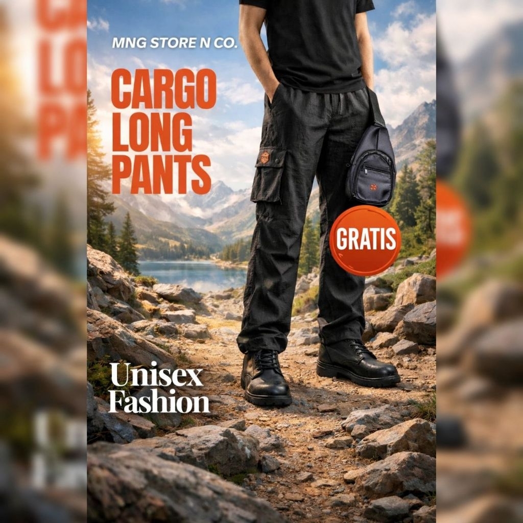 MnG Celana Cargo Hitam Pria Wanita Dewasa Casual Nyaman Trendy