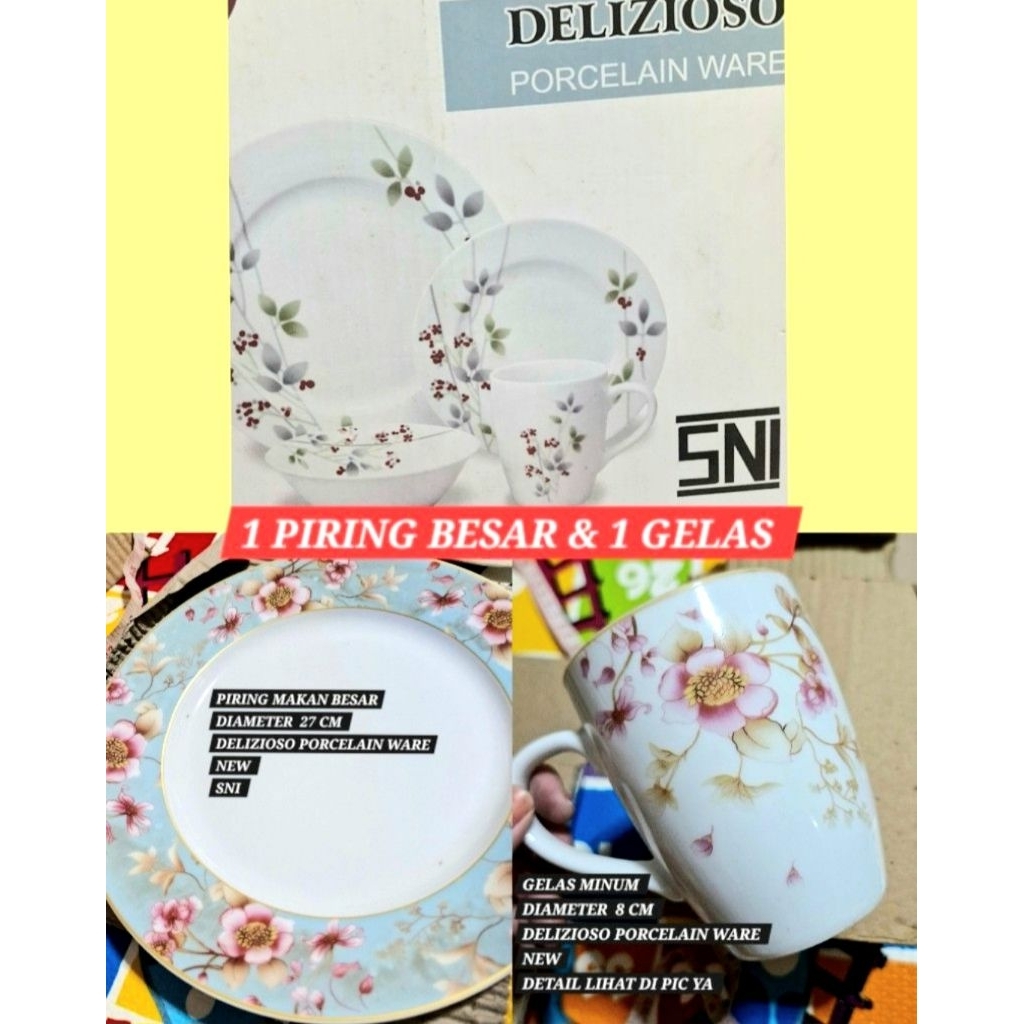 1 SET PIRING & GELAS PORCELAIN  NEW