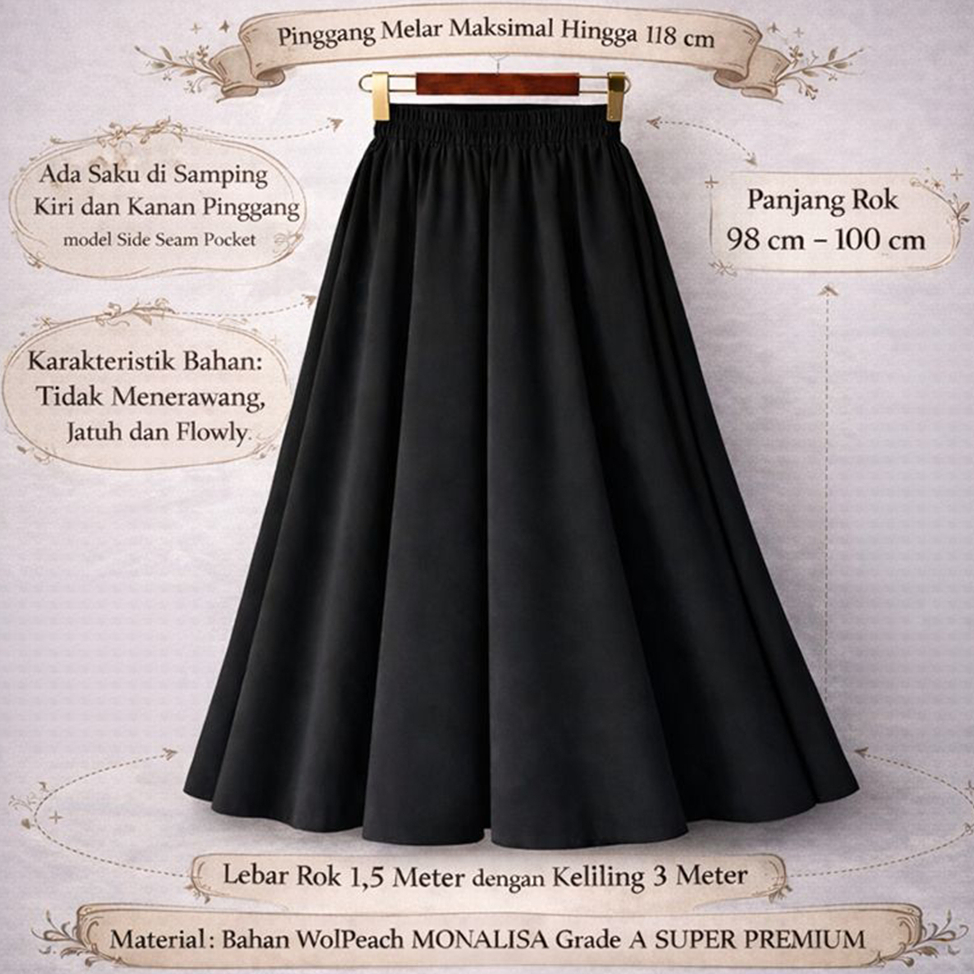 Rok Panjang Wanita WOLFIS Polos Premium Ada Saku Kantong Lebar Payung Flowy Jumbo Bahan Tebal Formal Kerja Kuliah Casual Muslimah by KaRINA