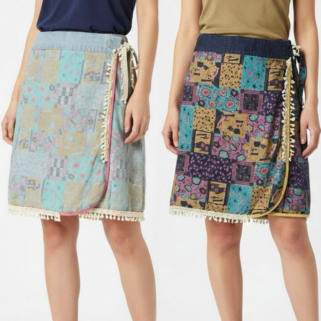 Rok Midi Wrap Denim Jeans Motif Perca Patchwork Korea Import