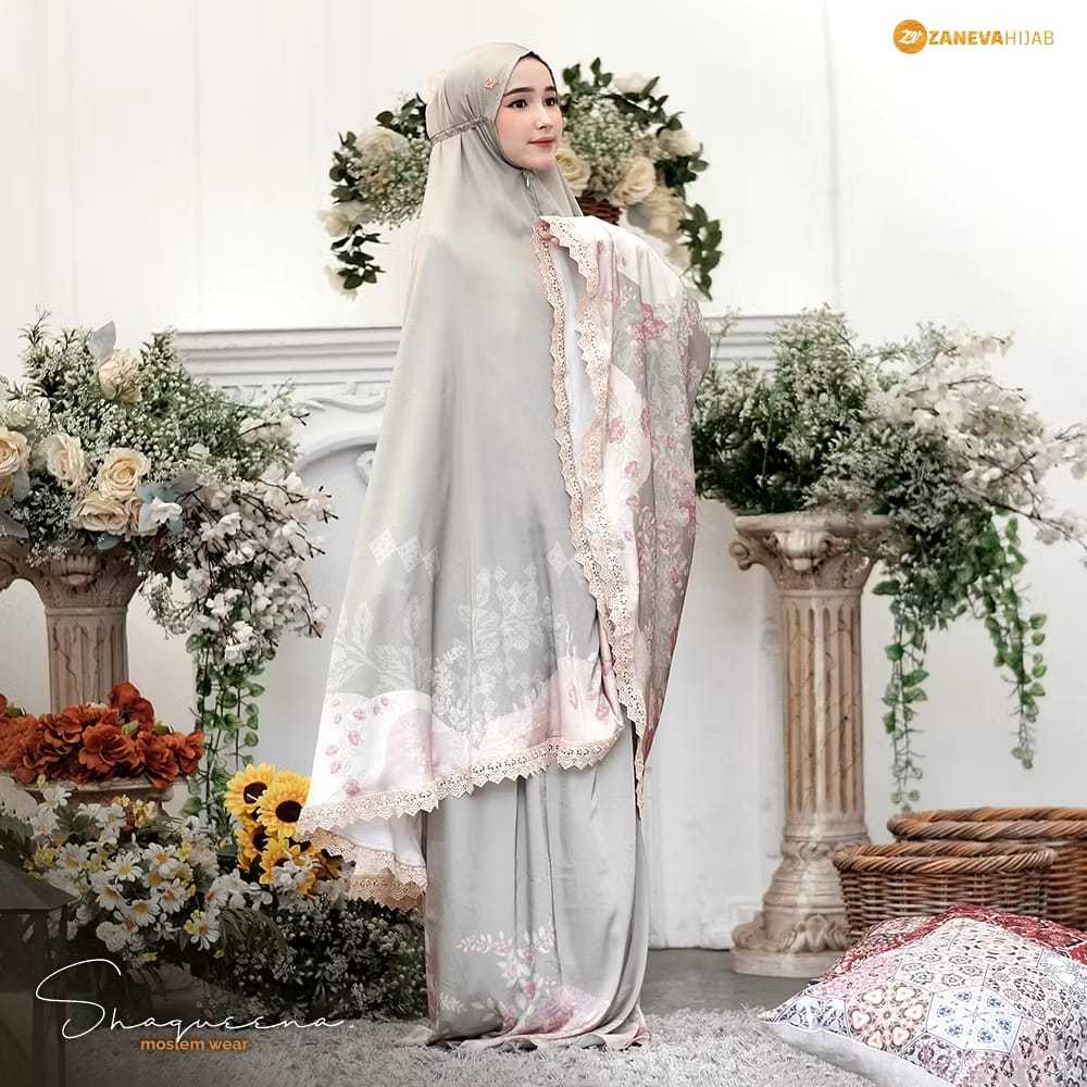 ZANEVA Mukena Printing Shaqueena Soft Sage – Mukena Premium Armani Silk Floral Pastel + Renda Exclus