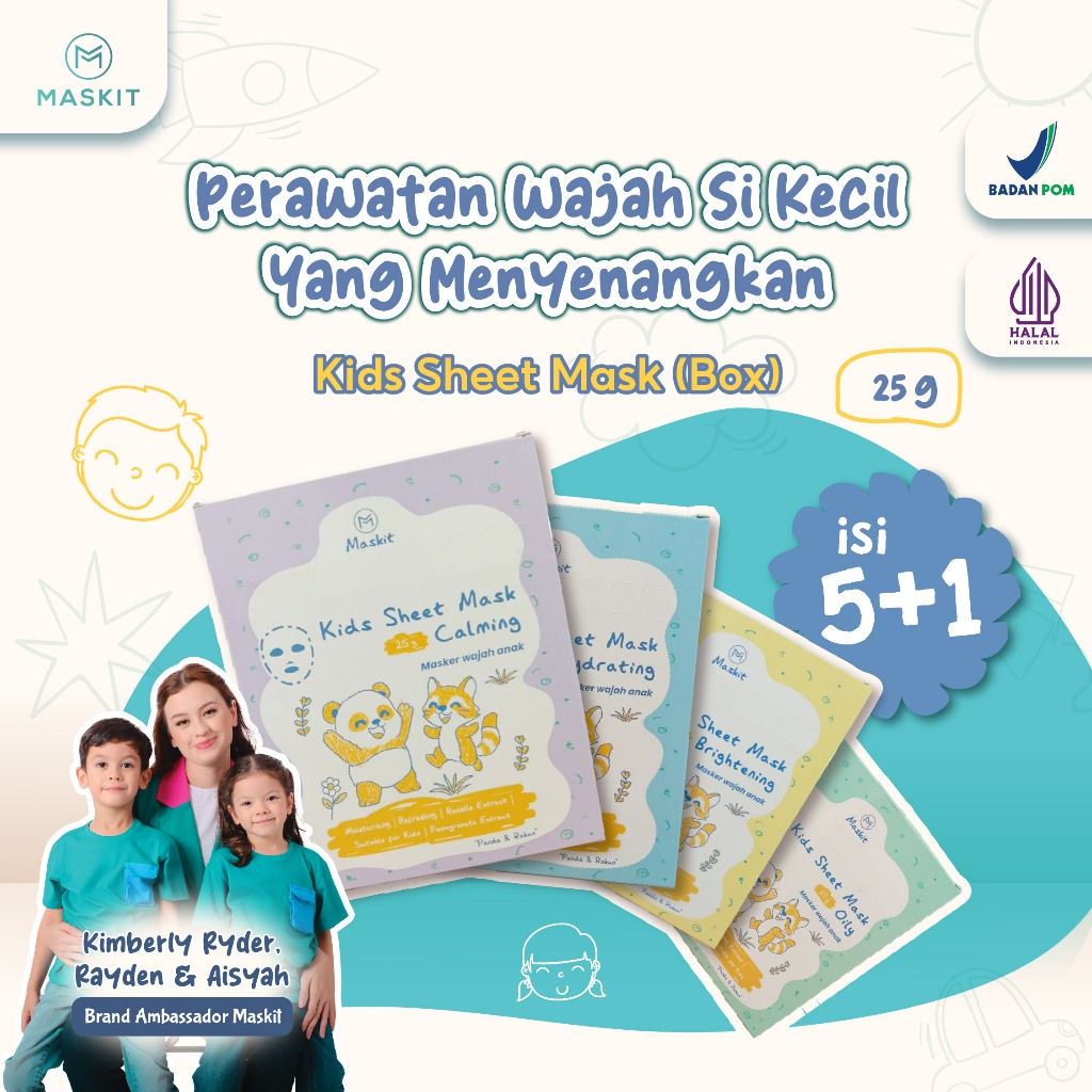 Maskit Kids Sheet Mask Box 6pcs for Brightening, Calming, Hydrating Oily - Masker Wajah Anak isi 1 b