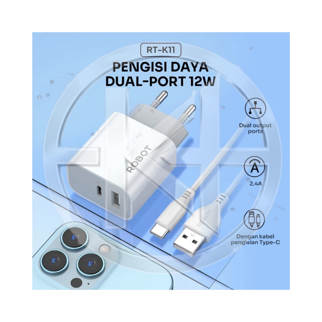 ROBOT Charger Fast Charging Dual Port 12W with Type C Cable 2.4A Adaptor Kepala Charger Adaptor Kepa