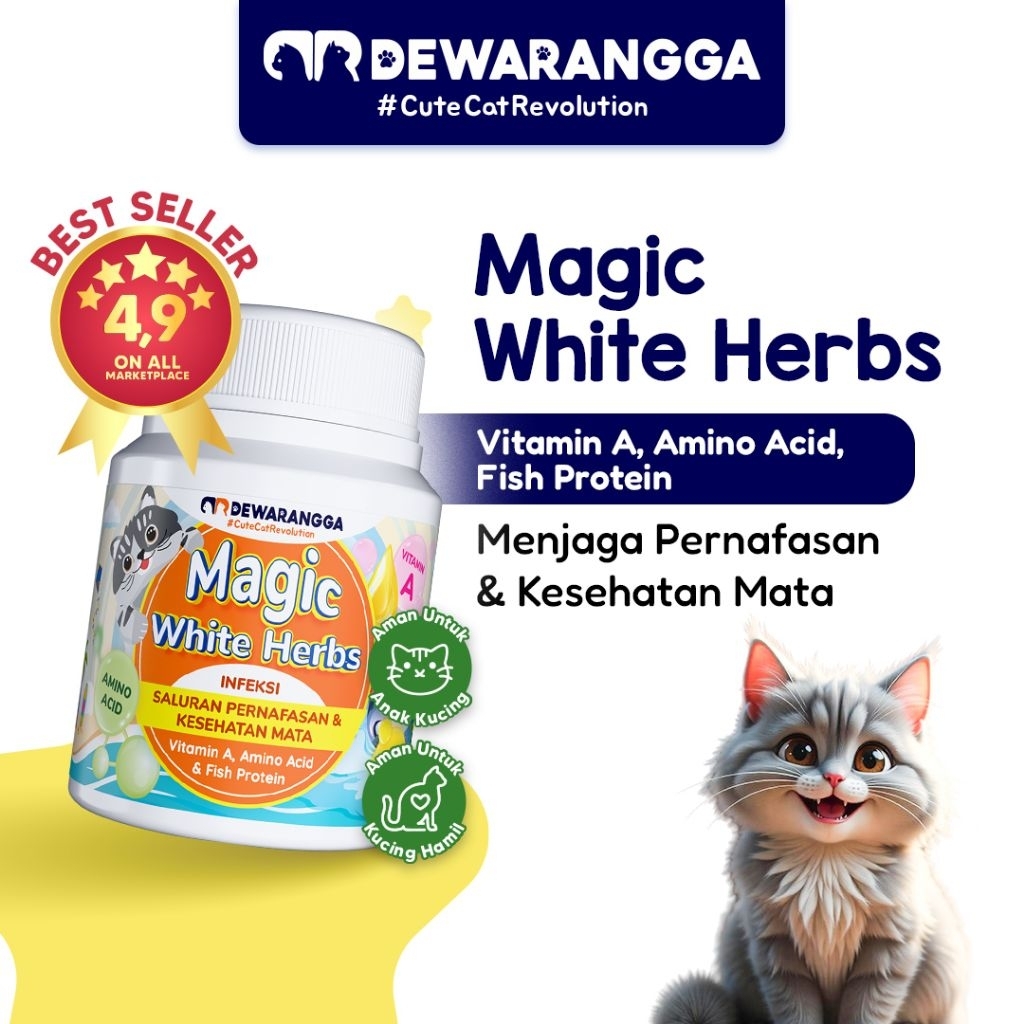 Dewarangga Vitamin Kucing MAGIC WHITE HERBS Mengatasi Infeksi Saluran Pernafasan, Kesehatan Mata