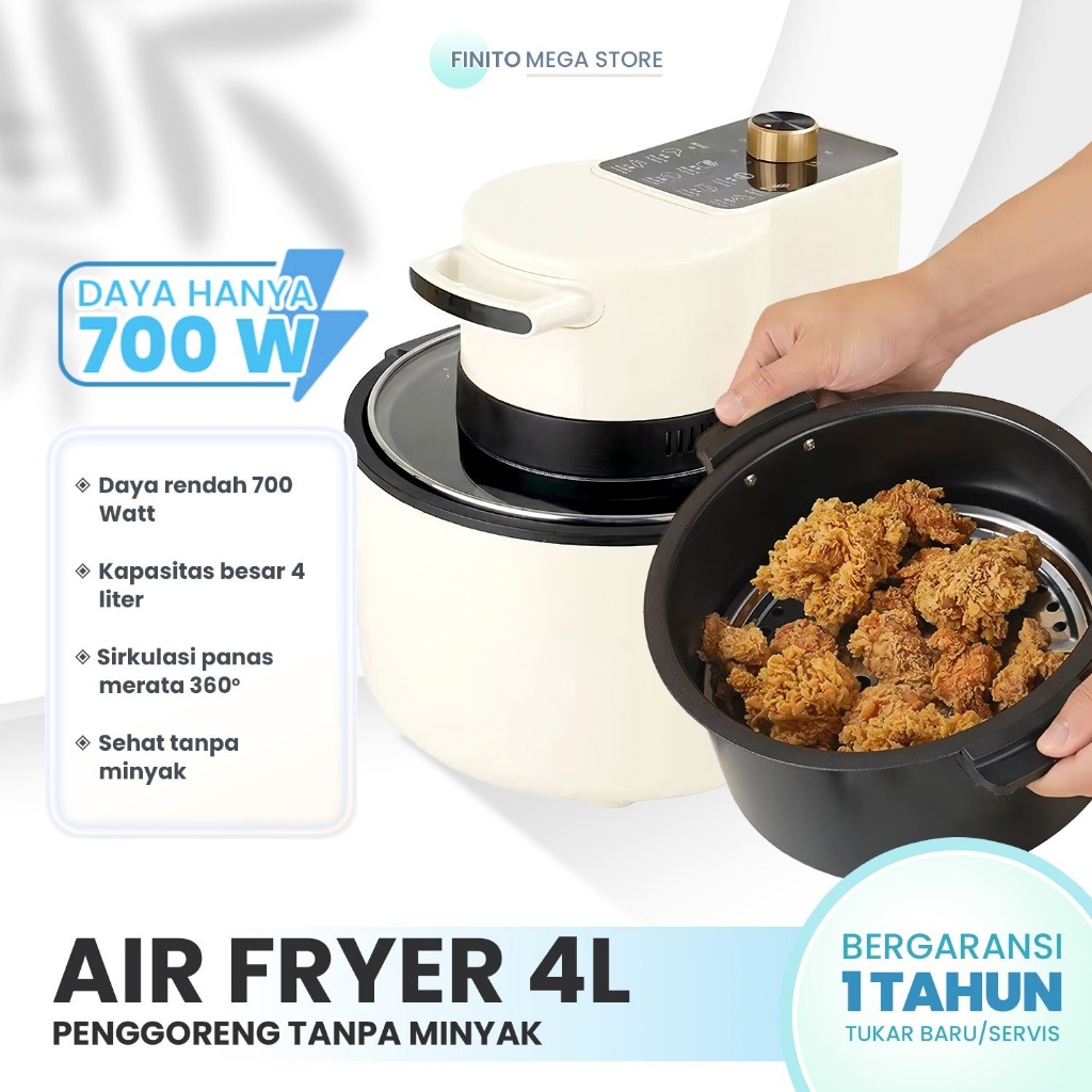 FINITO Air Fryer Kaca 4L Low Watt Tanpa Minyak Timer Otomatis Hitam Putih